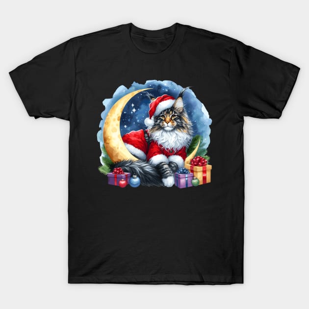 Maine Coon Cat On The Moon Christmas T-Shirt by Graceful Designs